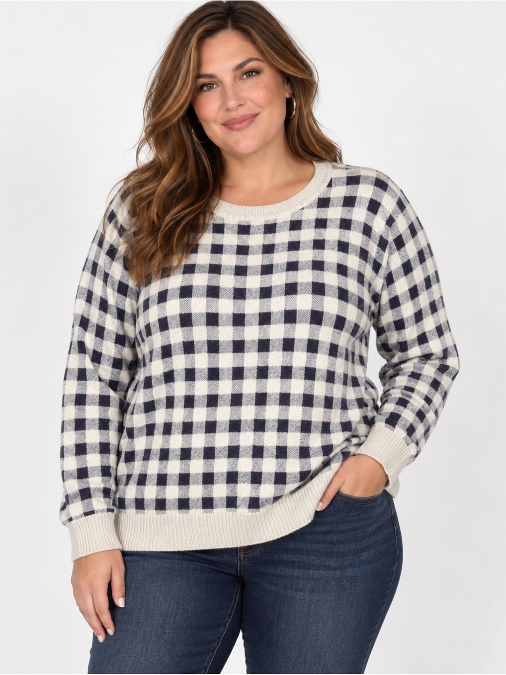 LOFT Plus Wool Blend Navy Gingham Sweater 2X